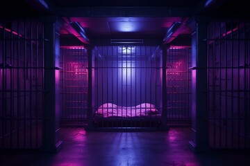 Modern prison cell with metallic bars and vibrant purple neon lights. Generative AI