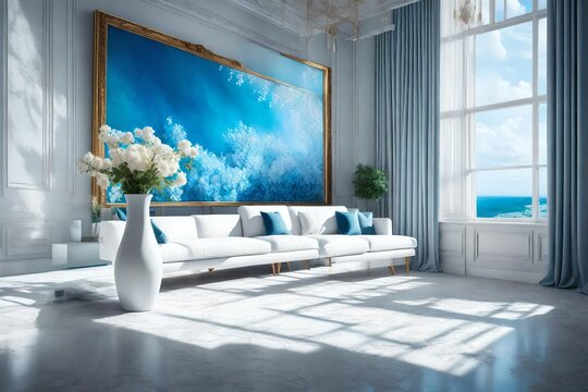 luxury sofa of white colors with  blue background, on the wall beautiful painting, landscape view seen through the window