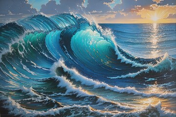 Ocean waves, bright pastel colors gouache natural lighting blue gold oil painting, AI-generated - obrazy, fototapety, plakaty