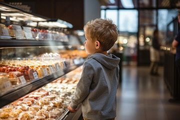 Little boy child in grocery department of supermarket