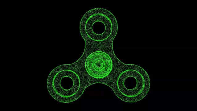 3D spiner on black background. Object made of shimmering particles. Game relax concept. For title, text, presentation. 3d animation.