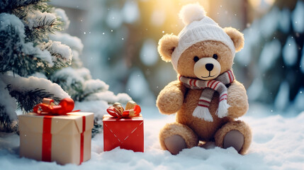 Christmas card. teddy bear with gifts in the snow against the background of a winter forest at dawn. Generative Ai