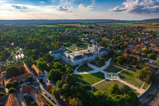 Aerial drone view of The Festetics Palace, Baroque palace located in the Keszthely, Zala, Hungary.