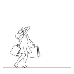 Black Friday Shopping day Continuous one line drawing of pretty woman and holding paper bags after shopping . Young woman holding shopping bags Black Friday line art vector illustration EPS10