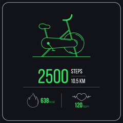 Exerise bicycle work out gadget, vector illustration. Dark mode fitness bike dashboard. Showing heart rate and fat burning infographics. Template concept design.