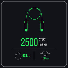Skipping rope work out gadget, vector illustration. Dark mode fitness exercise dashboard. Showing heart rate and fat burning infographics. Template concept design.