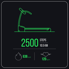 Treadmill work out gadget, vector illustration. Dark mode fitness exercise dashboard. Showing heart rate and fat burning infographics. Template concept design.