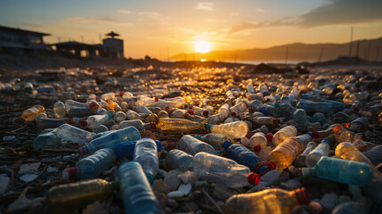 Obraz premium Bottles and garbage at landfill.