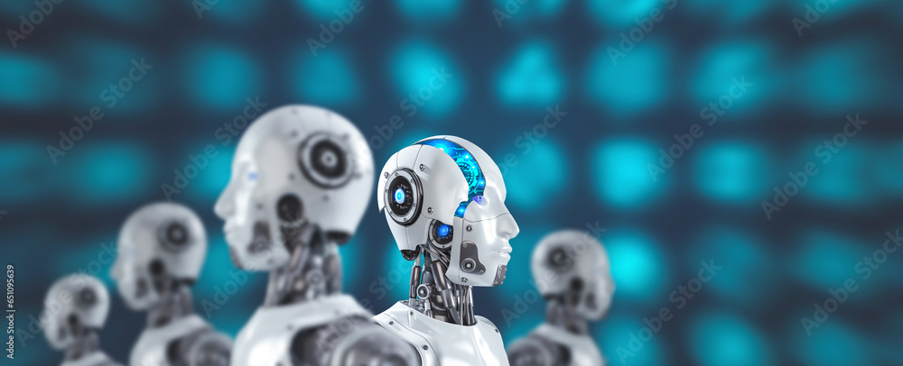Poster Focus at one robot with digital graphic brain engine inside is starting its automation system in robotics group on blurred futuristic technology background in panoramic view, 3d rendering 