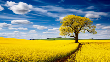 Blue sky over yellow rapeseed canola field