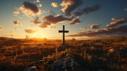 Christian cross at sunset.
