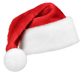 Santa Claus red hat or Christmas red cap isolated on transparent background. High quality mask edges - obrazy, fototapety, plakaty
