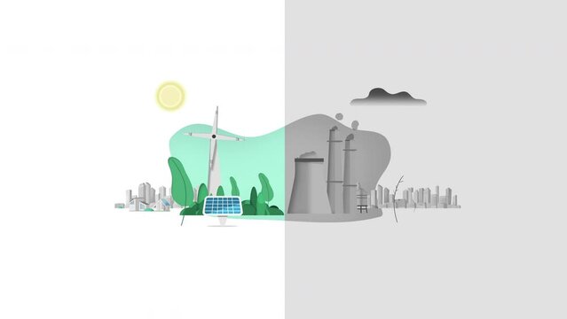 Animation on clean and renewable energy sources featuring solar energy, wind power, green hydrogen, replacing the polluting resources carbon, oil and fossil fuels resulting in a cleaner environment