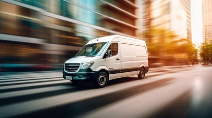 Fotobehang Treinspoor White modern delivery small shipment cargo courier van moving fast on motorway road to city urban suburb. Business distribution and logistics express service. Mini bus driving on highway on sunny day.