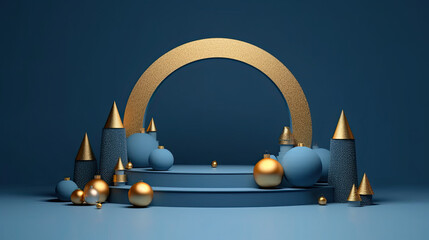 3D Render of Blue Podium Adorned with Gold Arch Christmas Tree Decorations, AI Generated