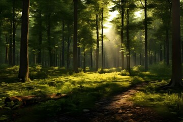 A tranquil forest glade with dappled sunlight. - obrazy, fototapety, plakaty