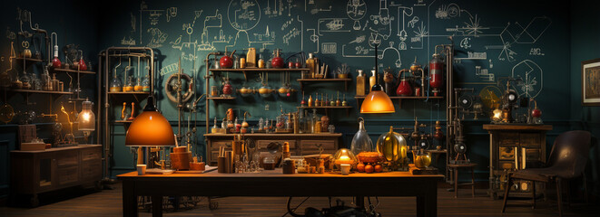 educational wallpaper with a chalkboard filled with science formulas and lab equipment illustrations.