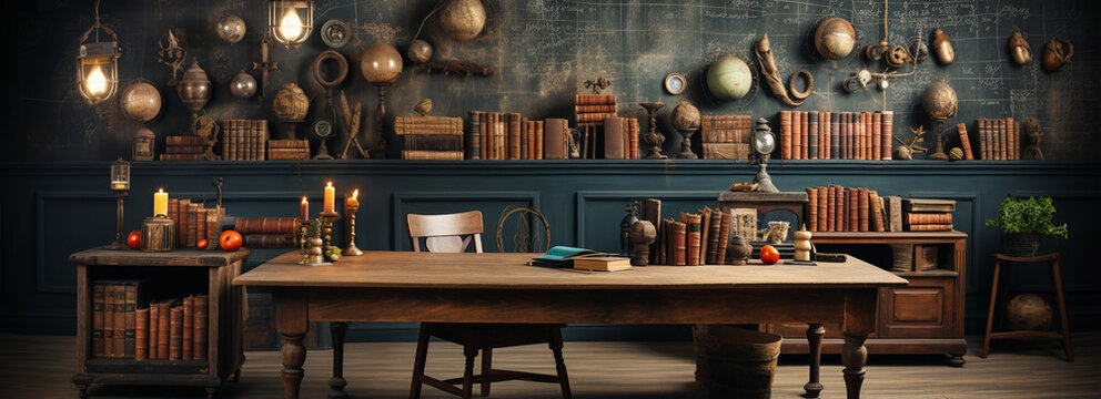 educational wallpaper with a chalkboard filled with science formulas and lab equipment illustrations.