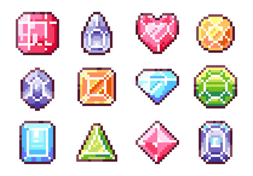 Pixel Gems Collection. Vintage 90s Arcade Loot or Collectibles and Slot Machine Icons. Brilliant 8bit Gemstones Design Set in Red, Blue, Green and Yellow Colors. Retro Video Game Assets and Symbols.