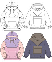 Oversized hoodie technical fashion illustration with relaxed fit, long sleeves. Flat outwear jumper apparel template. Women, men, unisex sweatshirt top mockup © dewi