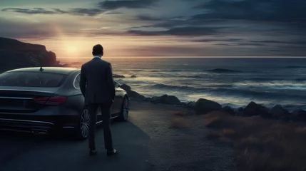 Poster A male businessman stands near a modern super car, on the ocean and looks at the sea and sunset against the backdrop of nature and mountains. Cars of the future, automotive industry and business. © ALA