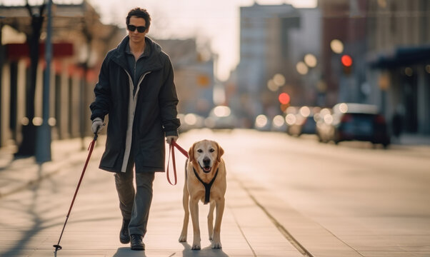 Blind handicapped guy person cane stick are walking with a guide dog on a city street.