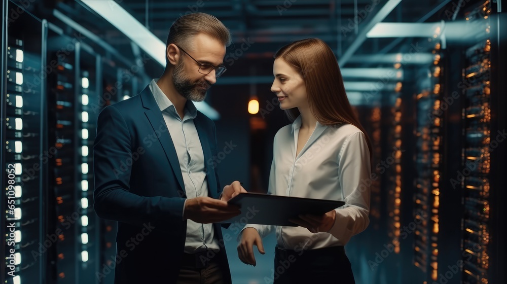Aufkleber Two IT man and woman using a digital tablet while working in a data centre, Professional computer engineers, Developers and programmers planning data coding interface for mainframe.