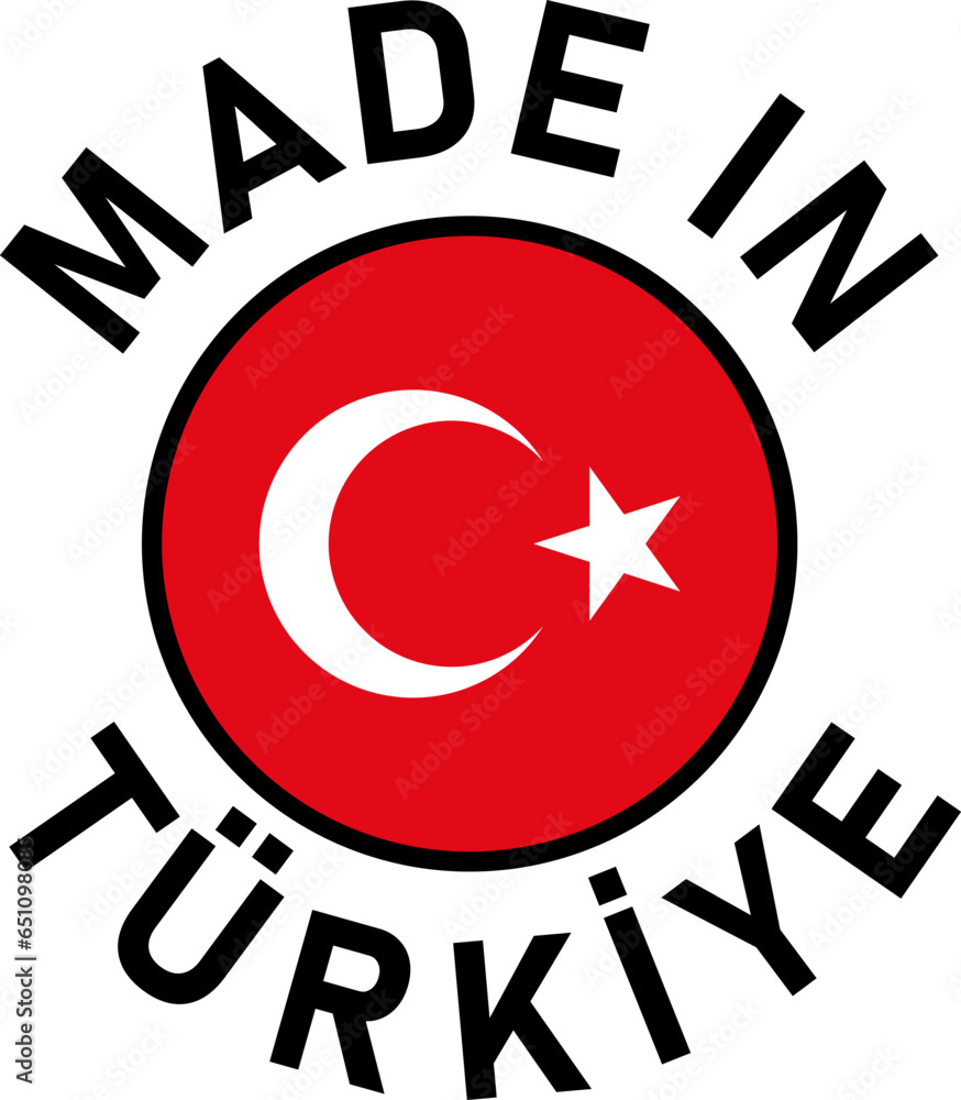 Poster made in turkiye (turkey) round badge product tag symbol with flag in circle and text around it. vect