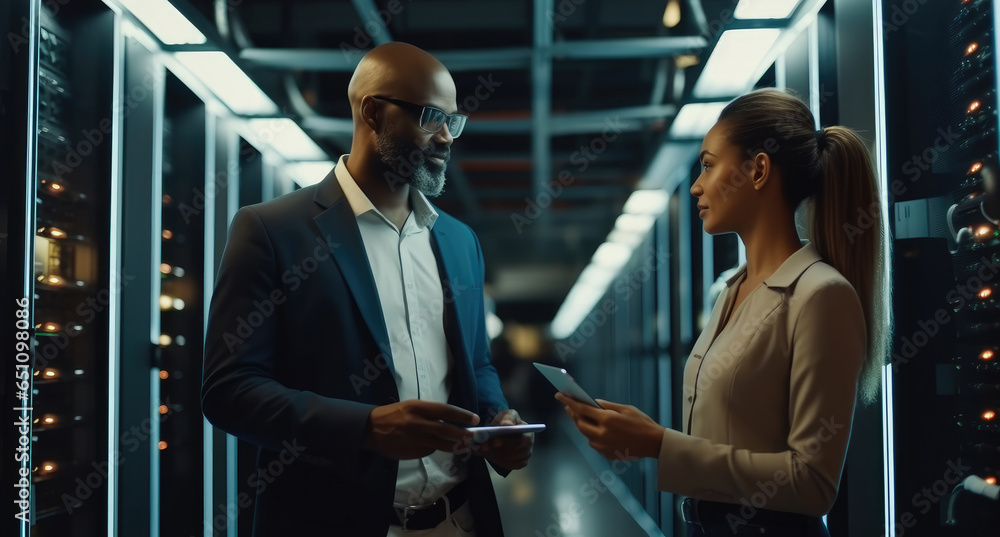 Poster two it administrator man and woman using a digital tablet while working in a data centre.