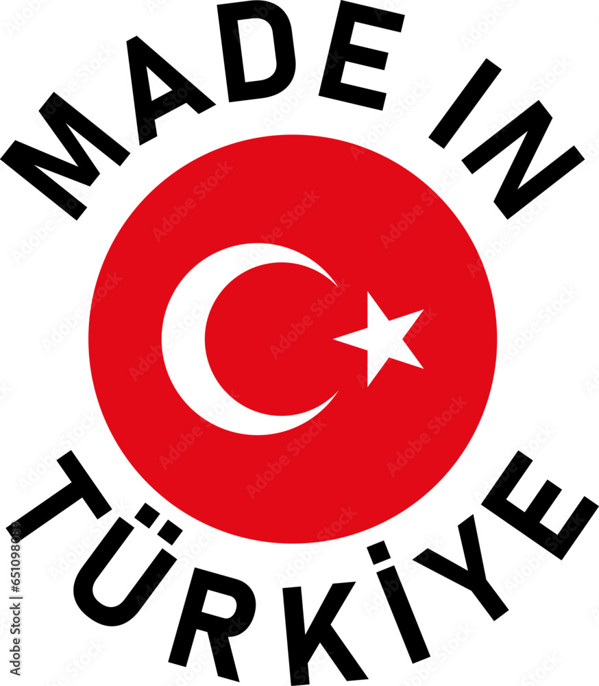 Poster made in turkiye (turkey) round badge product tag symbol with flag in circle and text around it. vect