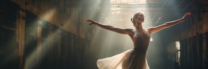 Ballerina in tutu  inside an industrial warehouse with the light rays and hare in the background