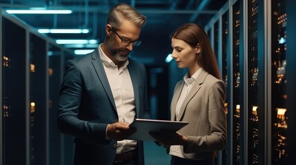 Fototapeta premium Two IT administrator man and woman using a digital tablet while working in a data centre.