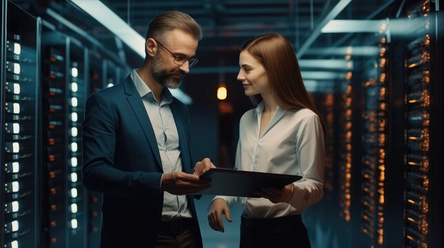 Two IT man and woman using a digital tablet while working in a data centre, Professional computer engineers, Developers and programmers planning data coding interface for mainframe.