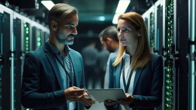 Two IT man and woman using a digital tablet while working in a data centre, Professional computer engineers, Developers and programmers planning data coding interface for mainframe.