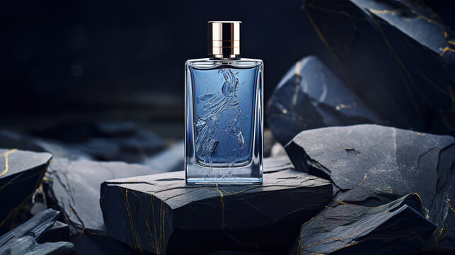Mockup of blue men's perfume bottle on abstract stone background