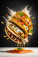 Capture dynamic splashes of food in a flying food photography with three tacos as the main subject, showcasing splashes of toppings and seasonings including tomato Generative AI