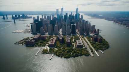 Manhattan island under water from a huge flood, Effects from floods, Aerial view.