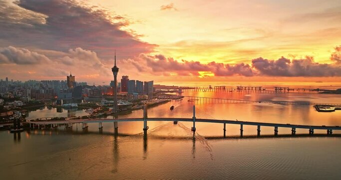 Aerial photography of Macau city skyline in the morning. Creative video with ads and trademarks removed
