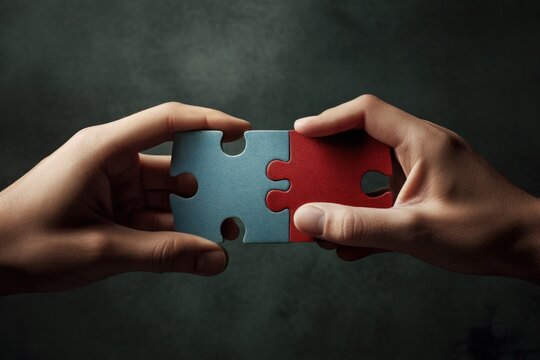 Two Separate Hands Working Together, Interlocking Puzzle Pieces 