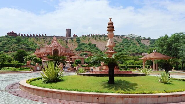 artistic red stone jain temple at morning from unique angle video is taken at Shri Digamber Jain Gyanoday Tirth Kshetra, Nareli Jain Mandir, Ajmer, Rajasthan, India an Aug 19 2023..