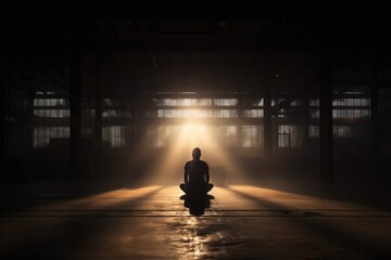 Person meditating in shafts of sunlight within a warehouse