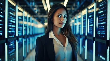IT engineer woman computer administrator working in server room, Digital world.