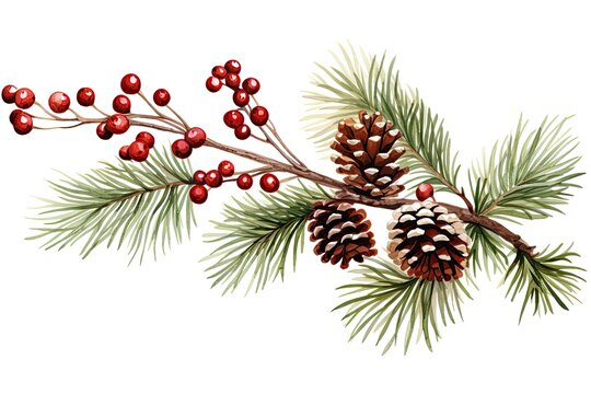 An image of a branch with berries and a small pine cone, Christmas-themed, in the style of decoration, on a white background. Generative AI