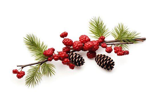 An image of a branch with berries and a small pine cone, Christmas-themed, in the style of decoration, on a white background. Generative AI