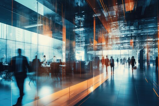 Modern glass office buildings, with blurred office workers and light trials