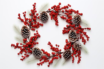 A Christmas wreath with red berries and pine cone, with a white background. Generative AI