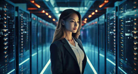 IT engineer woman computer administrator working in server room, Digital world.