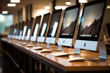 Row of computers on desk in office