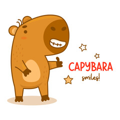 Cute smiling capybara. Vector illustration. Funny animal character rodent for cards, design, print, kids collection.