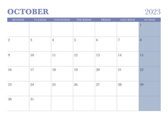 2023 october calendar start on monday - obrazy, fototapety, plakaty